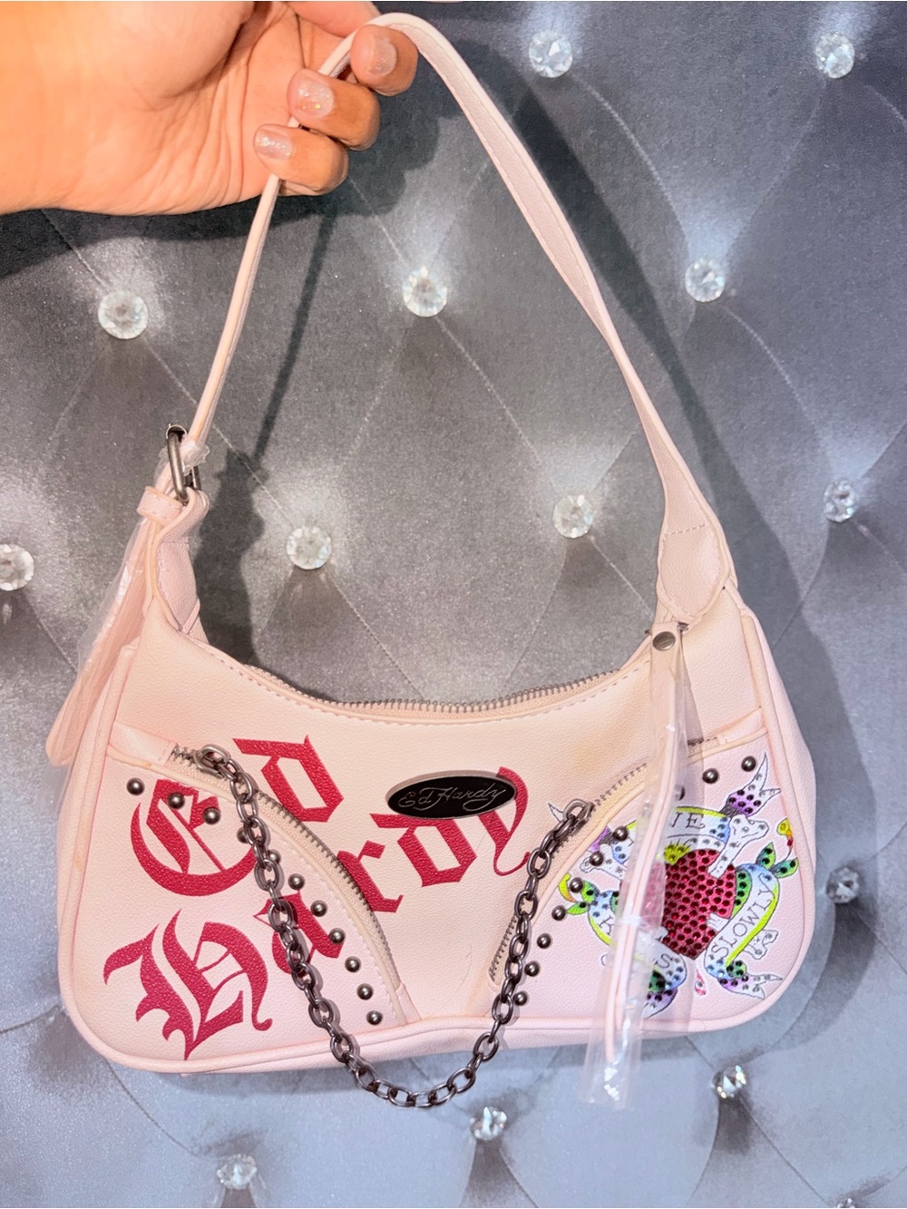 Ed Hardy Light Pink Graphic Shoulder Bag with Chain